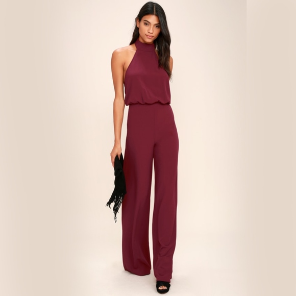 Lulus Pants - Lulus Moment for Life Wine Red Halter Jumpsuit